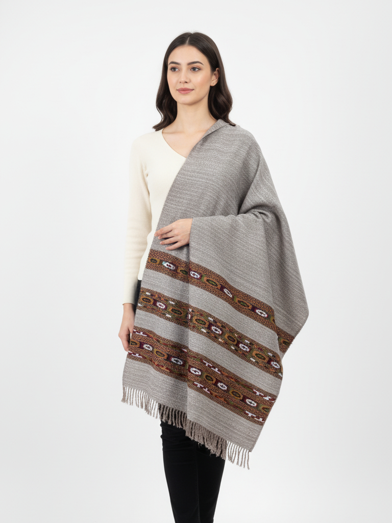3 Patti Pure Wool Kullu Typical Stole - Camel