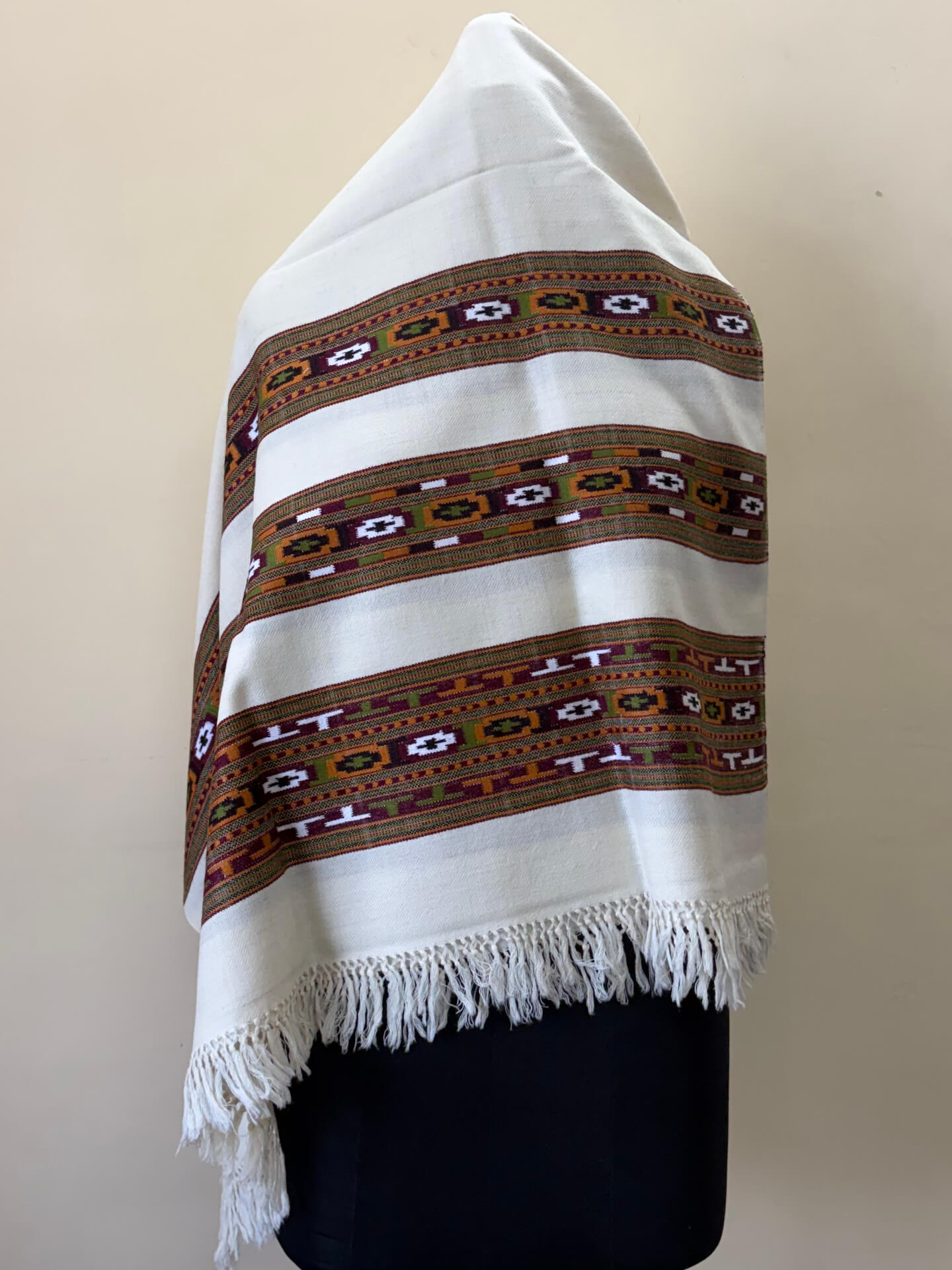 3 Patti Pure Wool Kullu Typical Shawl - Cream